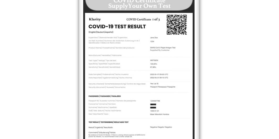 Buy 3 x Covid Certificates With Basic A Fit To Fly Special Offer Discount From Klarity Health.