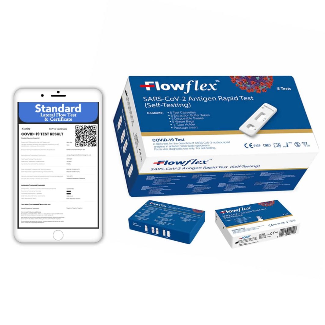 Purchase Antigen Test And COVID Certificate Packages x 5 Standard Kits From Klarity With The Best Discount.