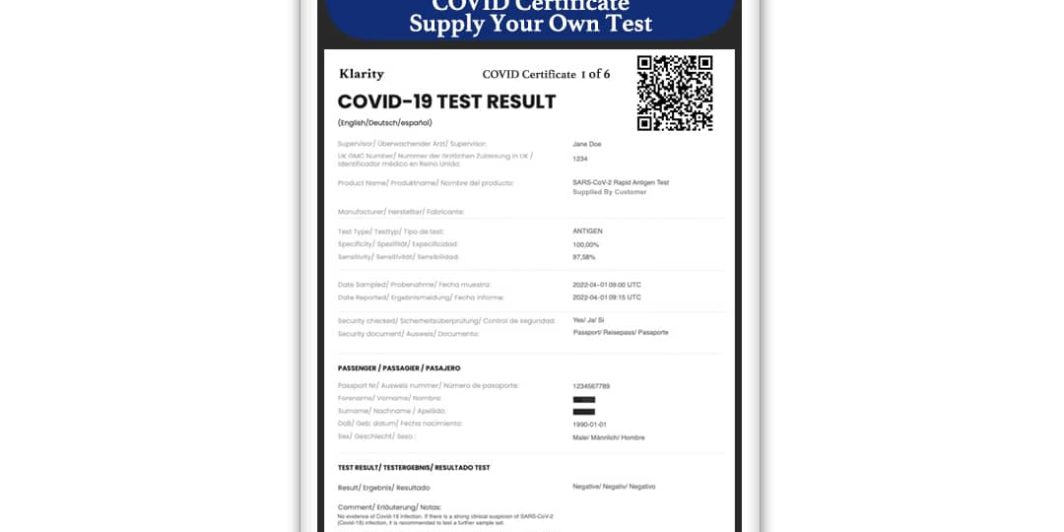 Covid Certificate, Buy 6 Premium Klarity Support For Using With Your Self Supplied Antigen Test.