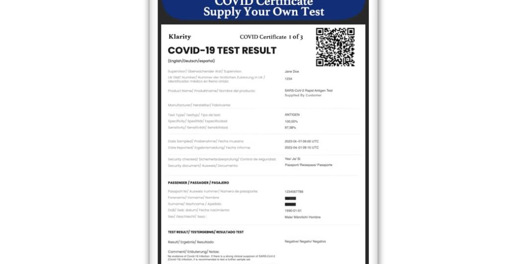 Buy Covid Certificates X 3 With A Premium Klarity Discount For Using With A Self Supplied Antigen Test.