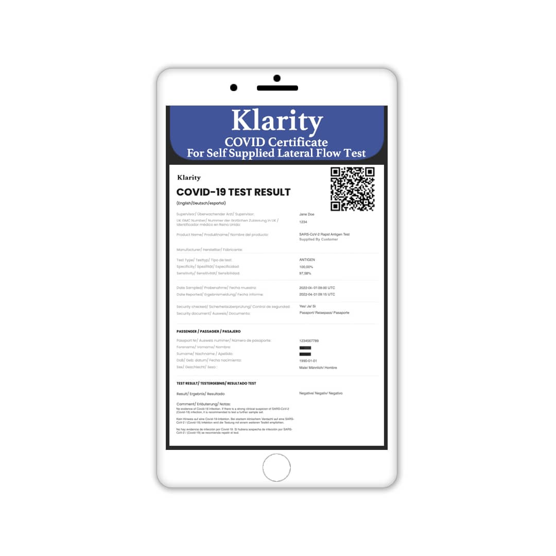 Buy A Klarity COVID Certificate Only For A Self Supplied Lateral Flow Test kit.