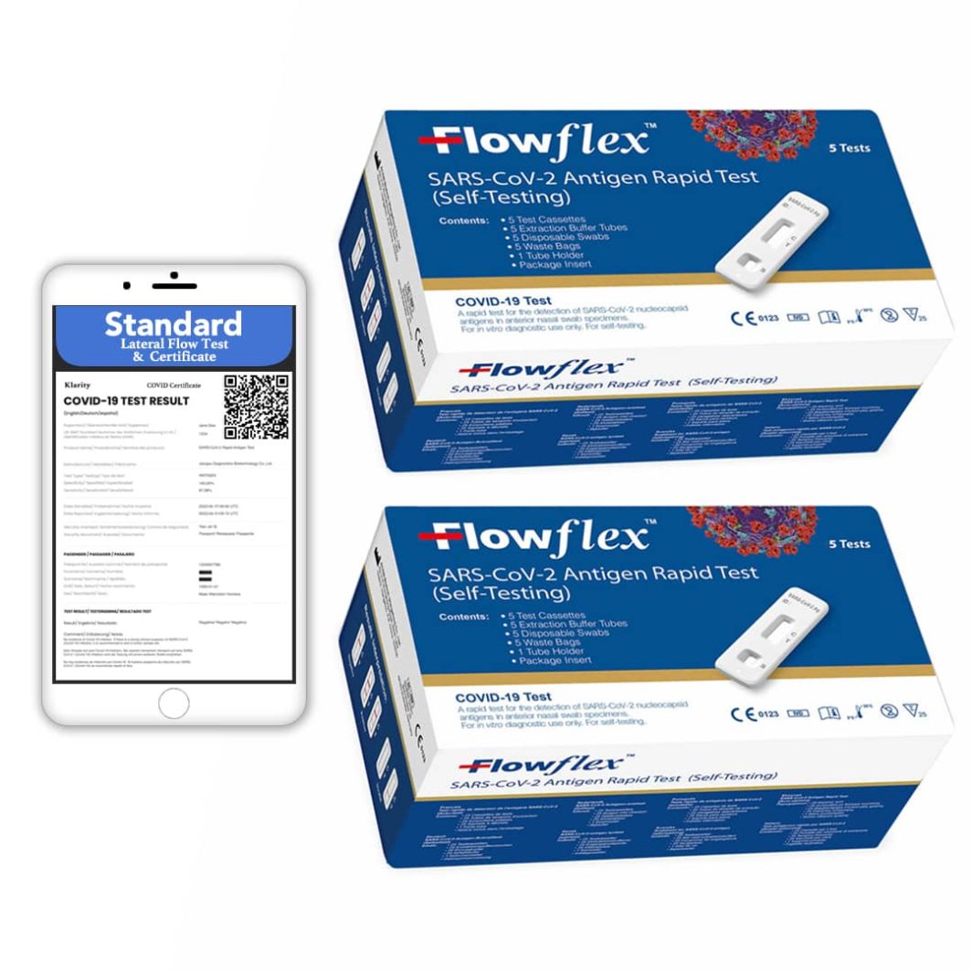 LFT Antigen Test And COVID Certificate Packages, Buy x 10 Standard Discount Klarity Health Kits.