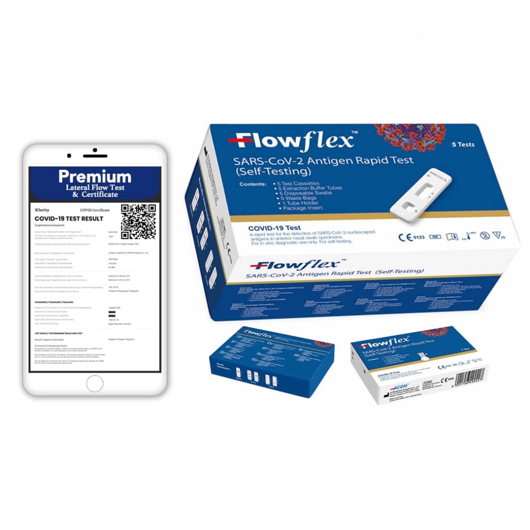 Buy Lateral Flow Antigen Test And COVID Certificate Packages x 5 Premium Kits With A Klarity Health Discount.