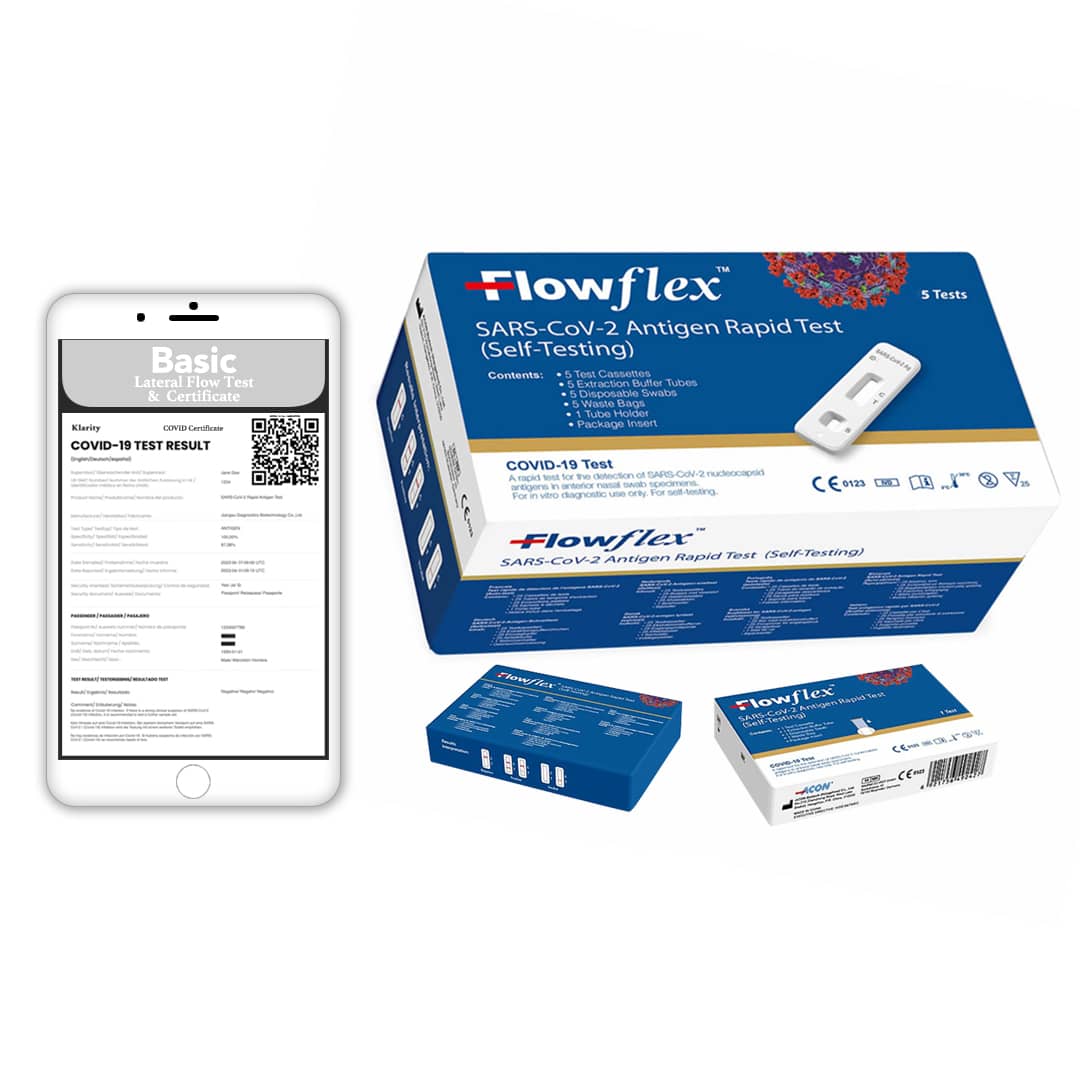 Shop For A Lateral Flow Antigen Test And Certificate Combo, Buy x 5 Basic Klarity Packages.