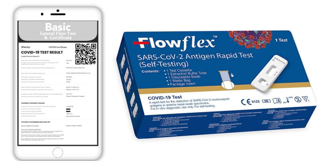 Order A Rapid Lateral Flow Test And COVID Certificate With Basic Online Klarity Health Support.