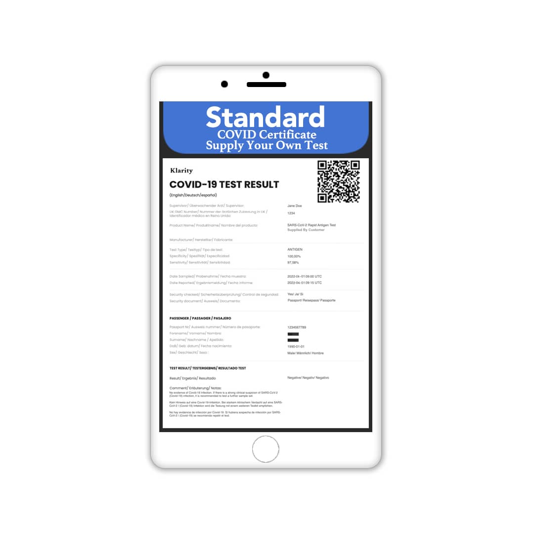 Order A Standard Support COVID Certificate Using A Self Supplied Lateral Flow Test.