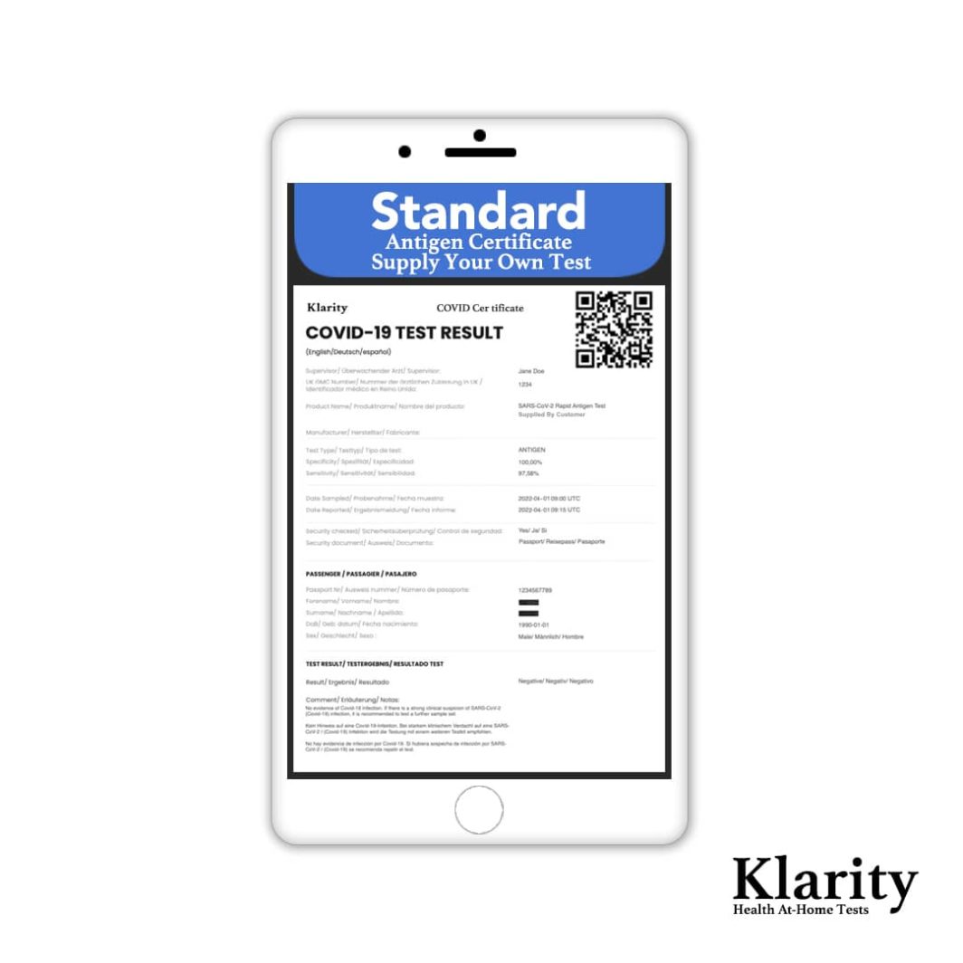 Antigen Test Certificate With A Klarity Standard Clinician Guide To Help Take The Test Online.