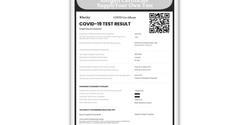 COVID 19 Certificate For Travel Using An Antigen Test With A Basic Klarity Health Guide.