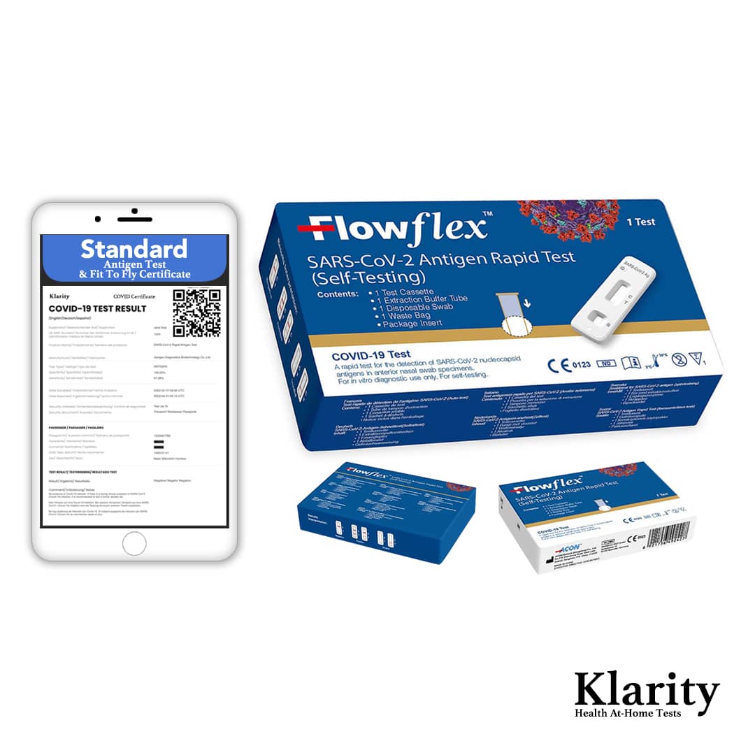 Fit To Travel Certificate LFT Antigen Test Kit Combo With Standard Clinician Health Support.